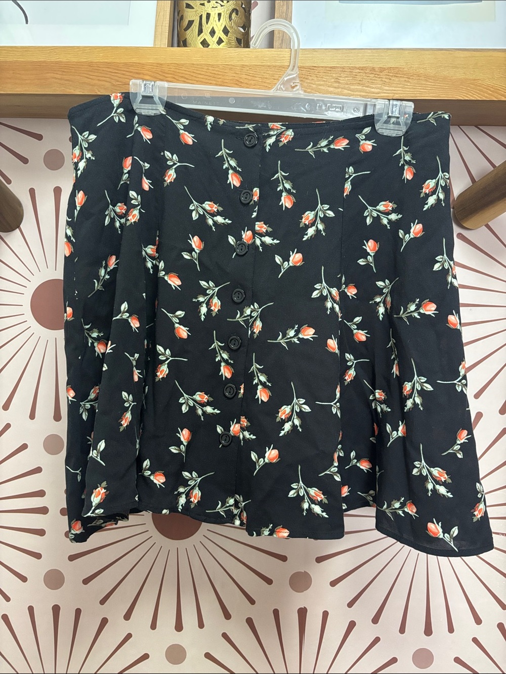 Topshop Black Floral Button-Front Skater Skirt